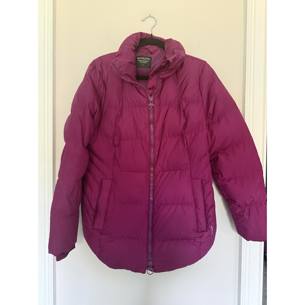$219 Athleta Downtown Puffer Jacket Magenta Quilted Down Coat Gorpcore Sz L